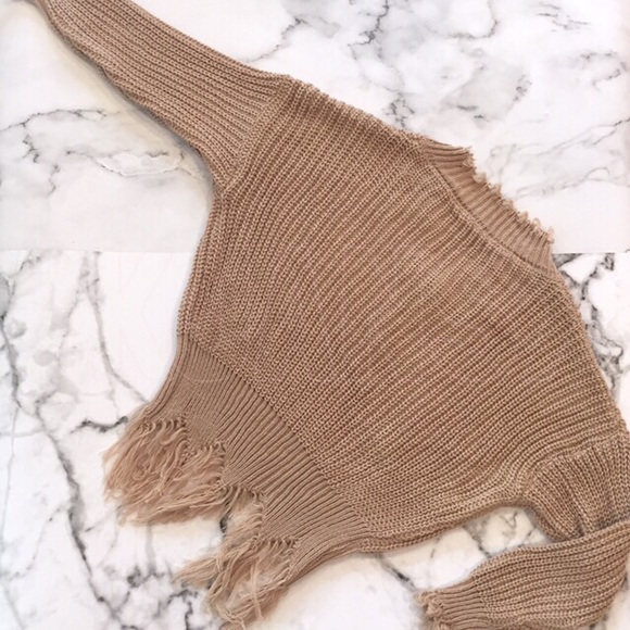 Tan Distressed V Neck Sweater - Picture 4 of 5